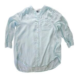 Lands' End Linen Pastel Teal Blue Shirt Dress Pockets Collared Long Sleeve Sz 1X